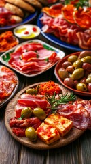 Variety of cured meats and olives on a rustic wooden table