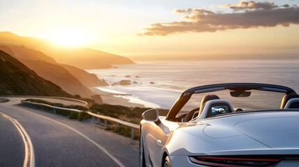 Naklejka premium Sleek and futuristic convertible car driving along a coastal highway at sunset