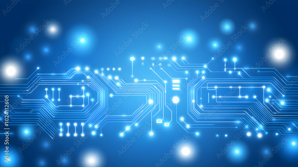 Wall mural Abstract digital circuit board with glowing lines and dots on a blue background.