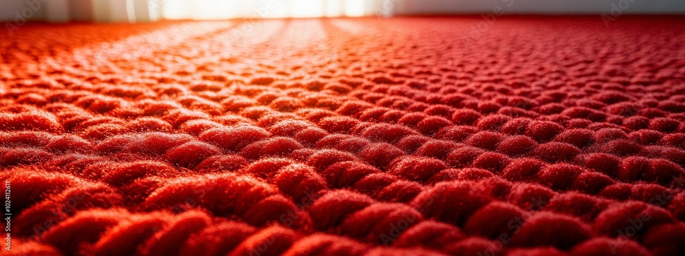 Poster close-up view of textured red carpet with sunlight through window