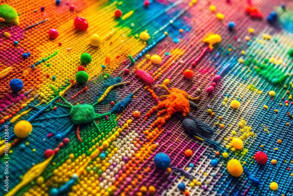 Sticker colorful abstract textile artwork with rainbow pattern on textured canvas