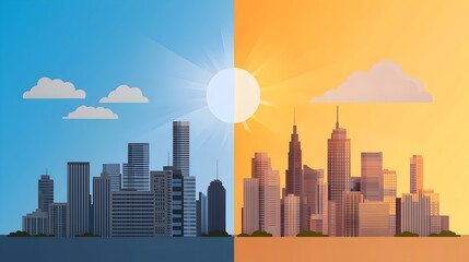 Obraz premium Sunset Cityscape Flat Design Cartoon Drawing with Split Complementary Color Scheme Depicting an Urban Landscape with Silhouetted Skyscrapers and Buildings Against a Vibrant Sky