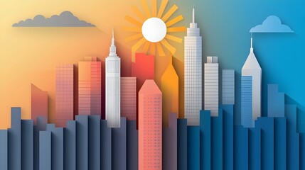 Stunning sunset skyline cityscape in flat cartoon style with a split complementary color palette  Minimalist and modern architectural buildings silhouetted against a vibrant sky
