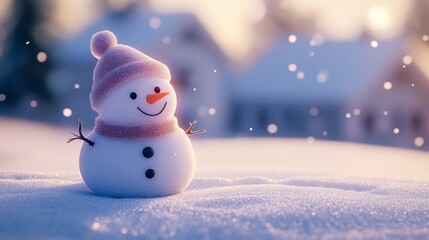 Fototapeta premium A Cheerful Snowman With a Pink Hat and Scarf Stands in a Snowy Landscape During Softly Falling Snowflakes at Dusk