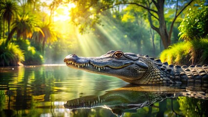 Fototapeta premium A Crocodile Emerges From the Still Waters of a Tropical River, Bathed in Golden Light