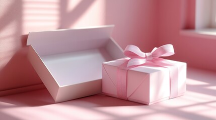 Blank open gift box or present box with pink ribbon bow isolated on pink pastel color background with shadow 3D rendering