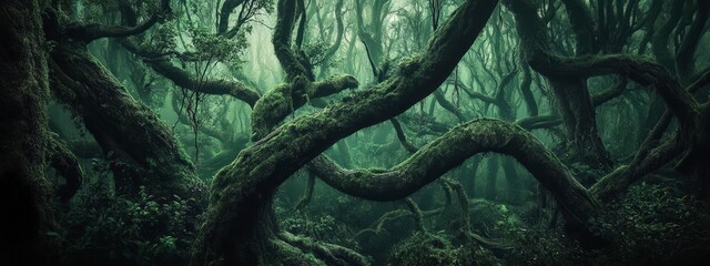 Obraz premium Dense forest with twisting trees covered in moss creating an eerie atmosphere