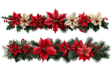 Christmas Wreath with Red Poinsettia and Green Leaves