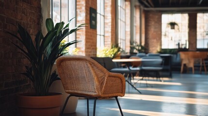 Empty chair in a cafe with sunlight shining through the windows