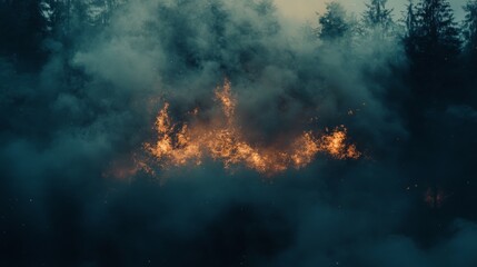 Fototapeta premium Flames engulf a building in a smoky, eerie forest.