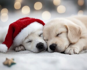 two puppies sleeping next blanket snow landscape background wearing hat color animal banner upbeat dreaming face tired colored heavily lab sparkling sap