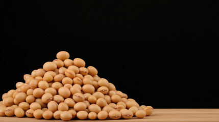 pile of dried soybeans rests on wooden table, showcasing their natural color and texture against dark background. This captures essence of agricultural produce