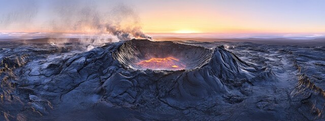 Naklejka premium Panoramic view of volcanic crater with lava at sunset