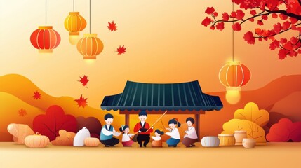 A colorful Seollal illustration of family members playing folk games together under traditional lanterns