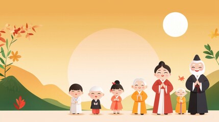 Fototapeta premium A cartoon-style Seollal scene of children performing a deep bow to their grandparents