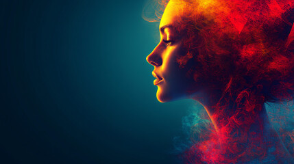 Colorful silhouette portrait filled with abstract geometric shapes and patterns on a dark teal background, creating a dreamy and introspective atmosphere....