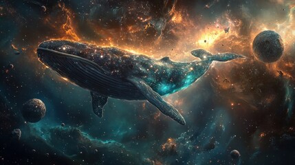 Obraz premium representation of a quantum dolphin leaping gracefully through an ethereal landscape of shimmering particles and flowing waves of color.