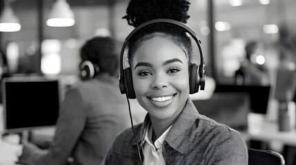 Confident and Friendly Female Consultant Wearing Headset Assisting Clients with Sales Support and Expert Advice in a Corporate Call Center Environment