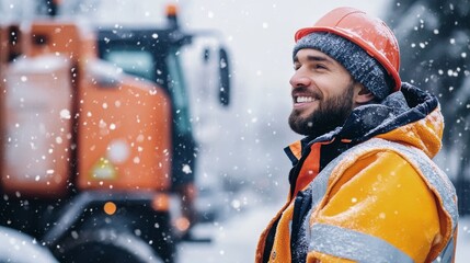 A Joyful Construction Worker Enjoys a Snowy Day on the Job Site During Winter in a Vibrant Orange Safety Jacket