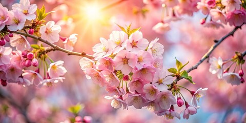 Obraz premium A delicate cluster of pastel pink blossoms bathed in the warm glow of a setting sun, showcasing nature's ethereal beauty.