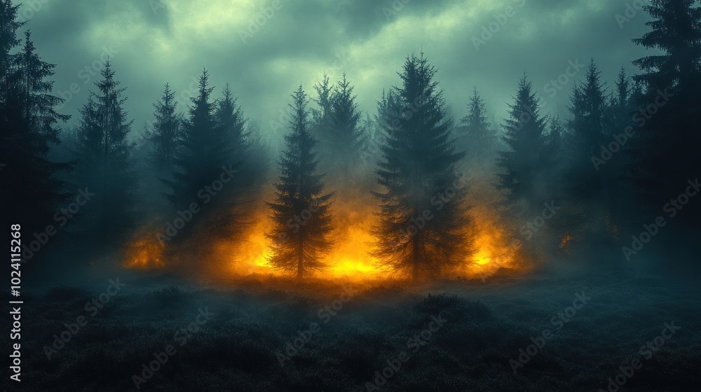 Poster a mystical forest scene with tall trees and a glowing light emanating from the ground, creating a se
