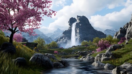 Obraz premium Captivating scene of a towering waterfall made of glowing liquid cascading through a surreal otherworldly landscape filled with bizarre rock formations and alien plants