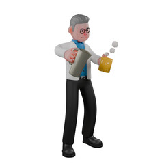 Cartoon Professional Physicist. A male physicist is pouring liquid from a large vessel into a glass. 3D Male