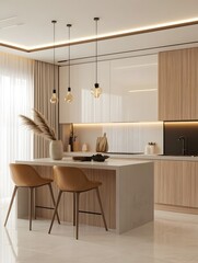 Modern kitchen island with white countertop and brown wooden cabinets.