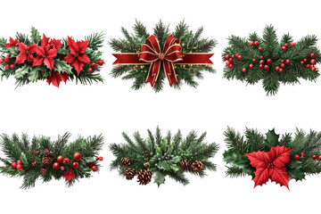 Christmas Garland Decorations: Festive Pine Branches, Red Berries, and Poinsettia Flowers