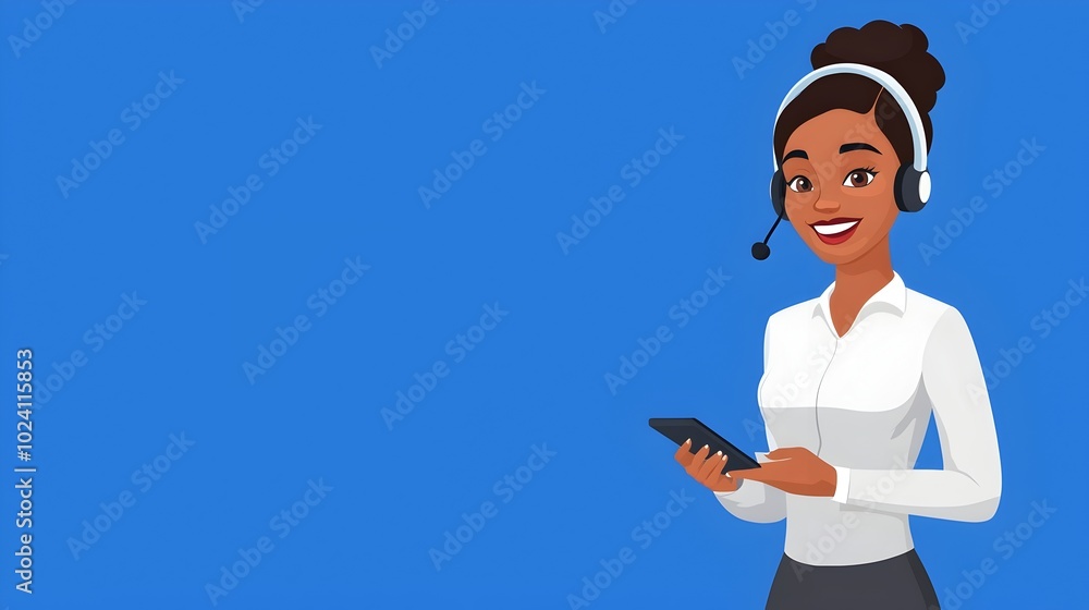Poster Cybernetic Call Center Agent Providing Confident and Personalized Customer Service Assistance with Headphones and Headset Emphasizing a Side View and Analogous Color Scheme