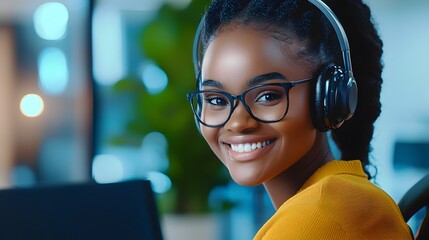 Confident and customer focused call center agent wearing headphones and smiling offering personalized sales or support advice with a cybernetic and analogous color tone