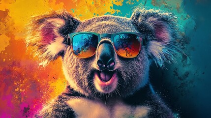 Cool koala wearing sunglasses in a colorful abstract background.