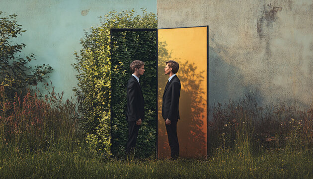 A series of diptych images showing the same person in two different environments or outfits side by side, suggesting the idea of parallel lives or different versions of oneself