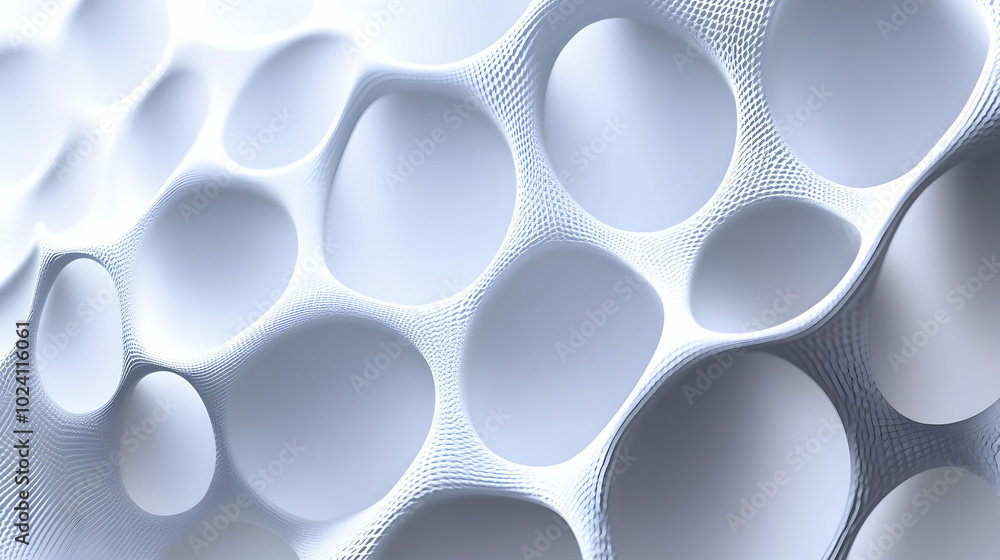 Wall mural Abstract white 3D background with a network of connected circular holes.