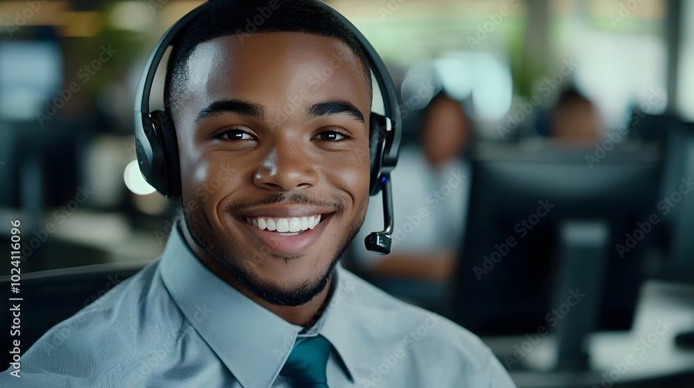 Poster confident and friendly call center agent providing positive and helpful customer support and consult