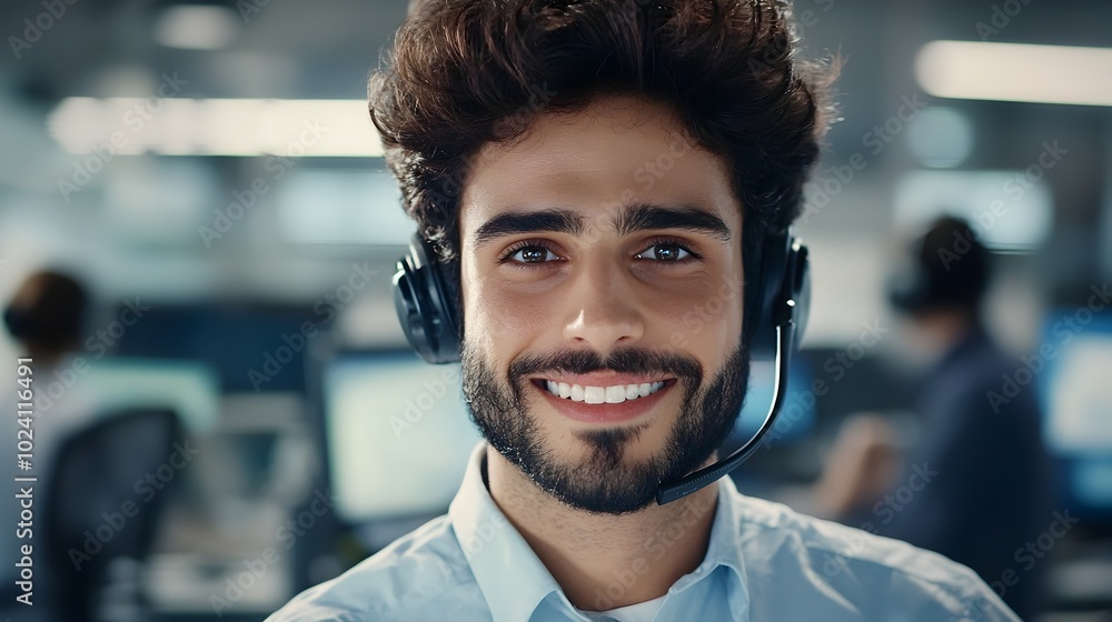 Poster Close up portrait of a cheerful and engaged call center agent with a headset offering friendly and helpful customer support and consultation with a sci fi inspired color scheme and aesthetic