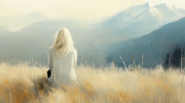 woman field mountains background emotional long blonde hair deep stillness silence top hill grieving waiting looking far facing away