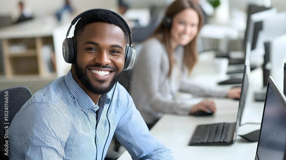Poster call center agent wearing headphones confidently consulting clients for sales or customer support sm