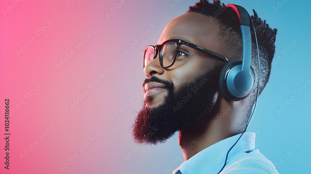 Poster confident call center agent providing personalized customer service and online advice smiling as he 