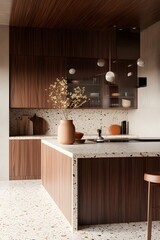 Modern kitchen with terrazzo countertops, wooden cabinets, and a single stool.