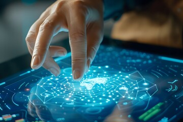 A hand interacts with a futuristic holographic display of the globe on a tablet, illustrating the concept of global connectivity and technology.
