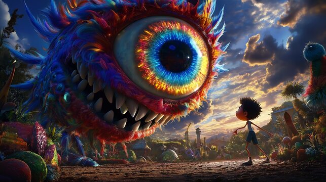 closeup cartoon monster big eye expansive best bright color invoke fear dread inspiring production vibrant wonder whimsy