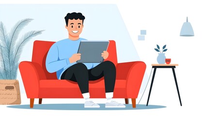 Man sitting on a cozy sofa at home holding a tablet and smiling as he browses the internet fully immersed in the digital world