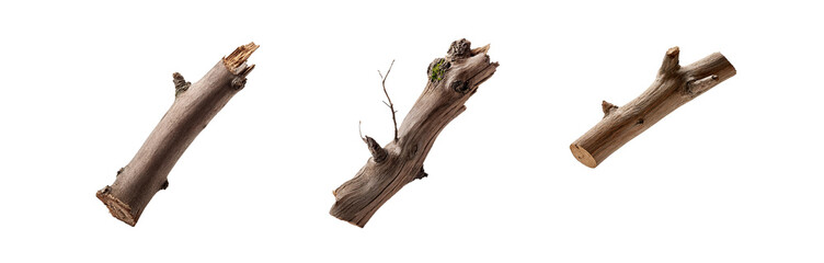 Fototapeta premium Three isolated tree branches on a white background. The branches have various sizes and textures, with one showing some moss growth.