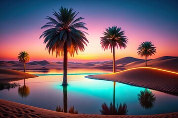 Obraz premium landscape of desert and lake with neon lights and palm tree blocking sun