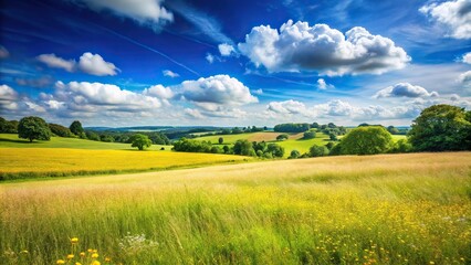 Obraz premium Landscape of meadow fields under a blue sky in English countryside