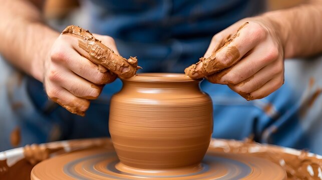 Close-up of a potter's hands shaping a clay pot on a pottery wheel.