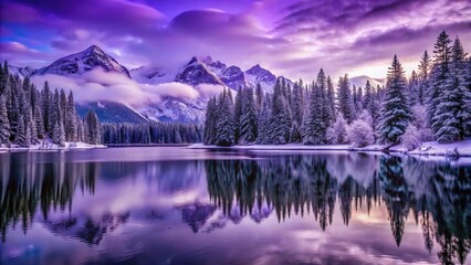 Obraz premium Landscape of purple lake trees and snowy mountains