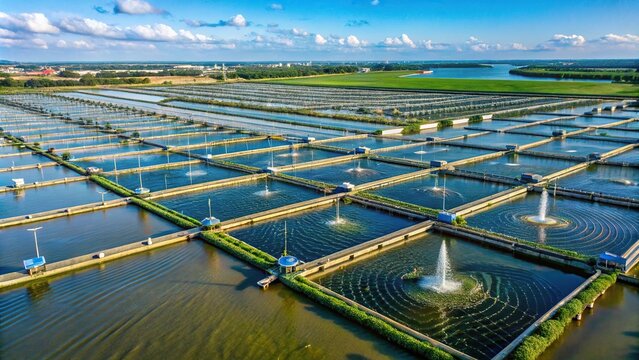 Landscape of shrimp farming with water turbines