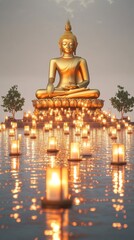 Minimalist background of Lao Buddha: A serene blend of ancient Buddhist architecture and spiritual heritage in Southeast Asia's temples.

